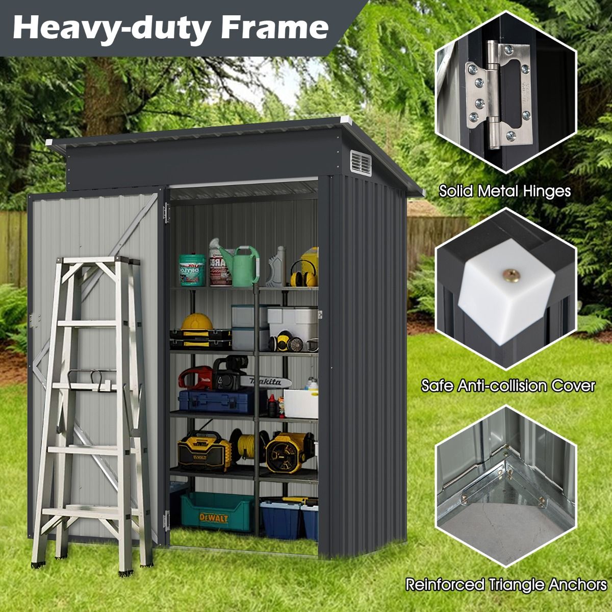 Coast Gartenhaus Metall 150 x 90,5 x 185 cm Dunkelgrau | 1,5 m³ Gartenhaus mit Pultdach