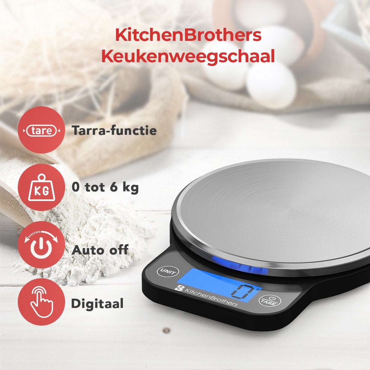 KitchenBrothers Küchenwaage - Waage Küche Digital - 1 g bis 6 kg - Tara Funktion - Batterien enthalten - Edelstahl/Schwarz