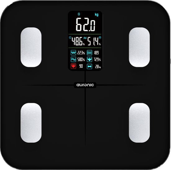 Auronic Personenwaage - Körperanalyse & Fettanteil - Digital - 15 Messungen - Schwarz
