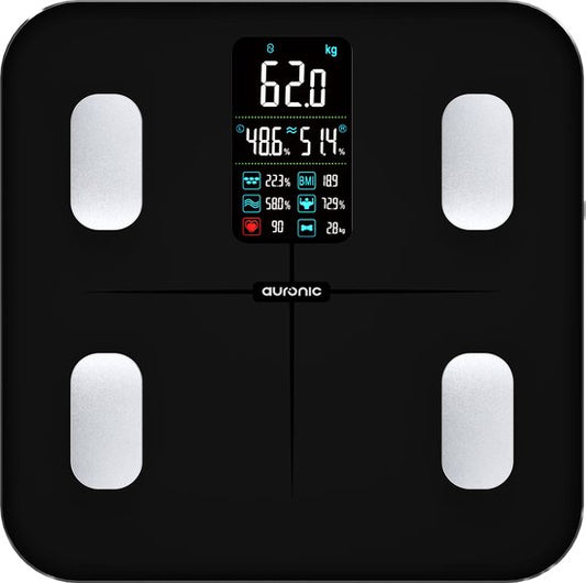 Auronic Personenwaage - Körperanalyse & Fettanteil - Digital - 15 Messungen - Schwarz