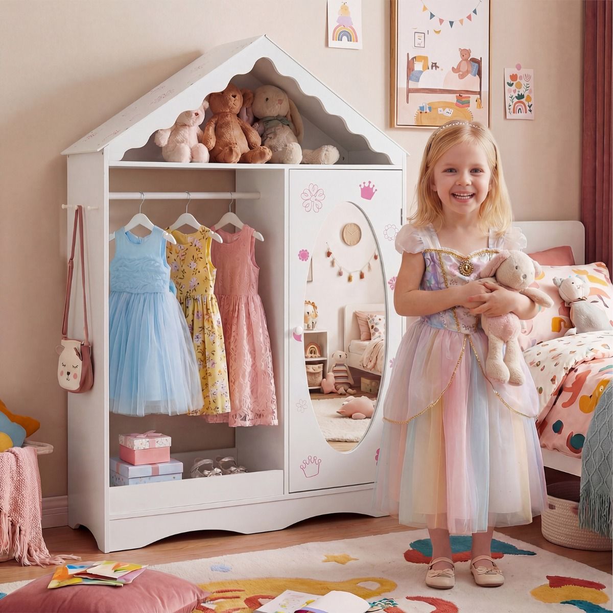 Coast Kinderkleiderschrank mit Spiegel – dachförmiges Design – offene Kleiderstange und Einlegeböden – weiß