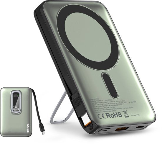 Powerbank 10.000 mAh, MagSafe-kompatibel, mit USB-C-Kabel – 3-in-1-Design – 22,5 W kabellose Powerbank – inklusive 60-W-Ladekabel – Schnellladefunktion – USB & USB-C – Schwarz –