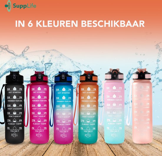 Supplife Motivations-Trinkflasche – 1-Liter-Trinkflasche – Trinkflasche mit Zeitmarkierung – Mit Strohhalm – Erwachsene – Kinder – Blau-Rosa
