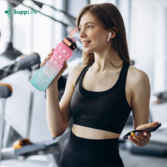 Supplife Trinkflasche – 1 Liter – mit Strohhalm – Motivation – Sporttrinkflasche – BPA-frei – Pink Aqua