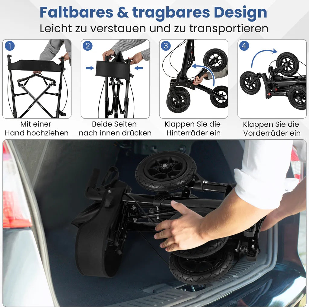 Coast Faltbarer Rollator Schwarz - 2-in-1-Reiserollator mit Sitz und Luftbereifung - 62 x 82 x 81,5-97 cm