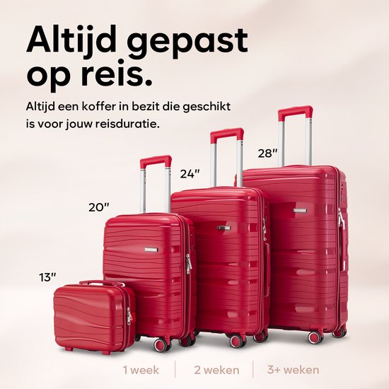 SKYCASES Travelin' Charm 4-teiliges Trolley Set - Handgepäck & Check-in Koffer - 32L/60L/98L - Zahlenschloss - 360° geräuschlose Räder - Leicht & Stabil - Modernes Design - Rot