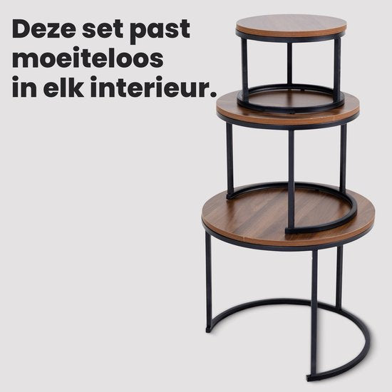 Bayt Couchtisch - Couchtisch-Set - Runder Salontisch - Set 3 Stück - Beistelltisch - Couchtisch - Holz - Braun