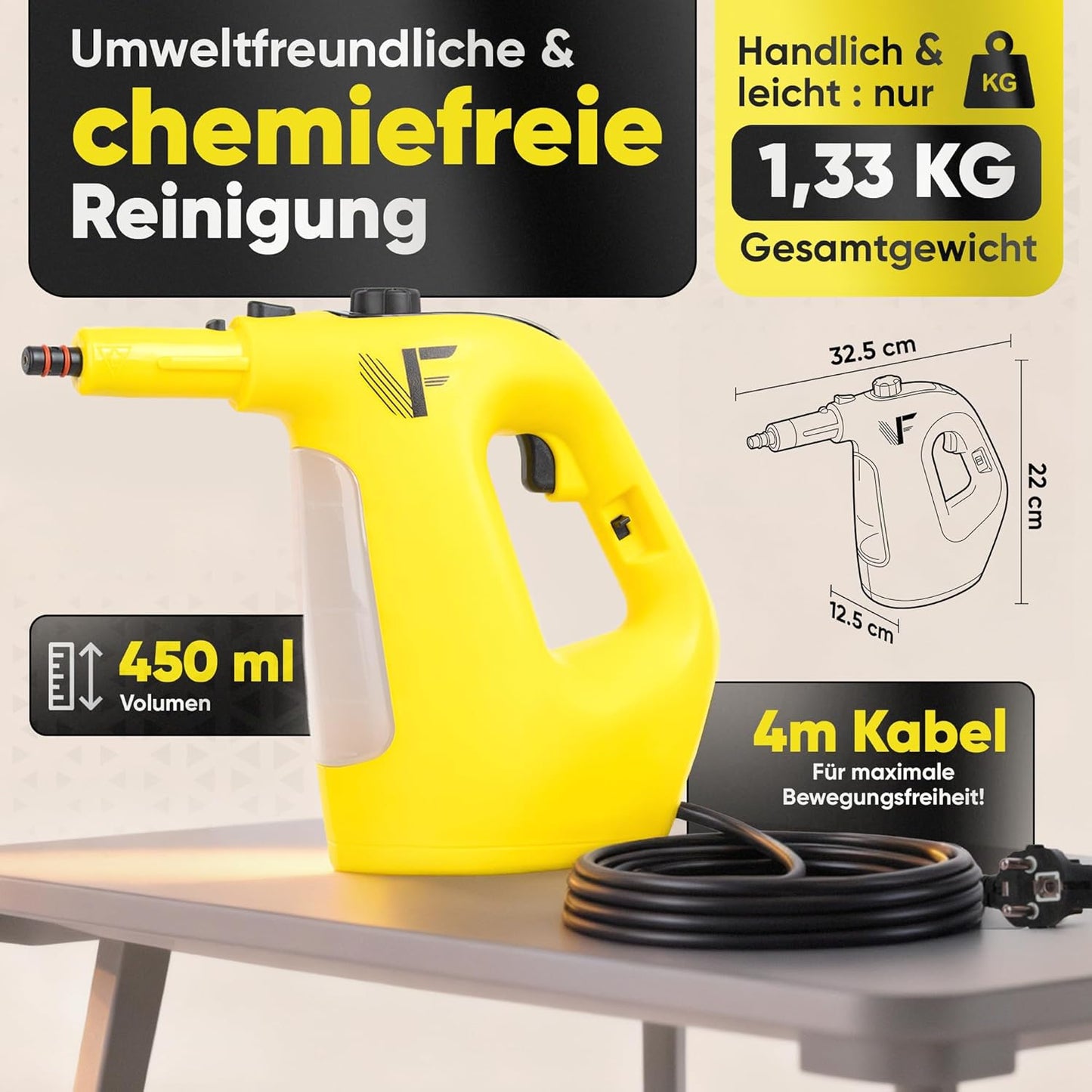 Neighbour's Friend 2-in-1 Dampfreiniger mit Wischfunktion 120 cm - 1500 W - 450 ml - 4 m Kabel - Gelb