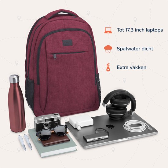 TRVLMORE Rucksack - Rucksack mit 17.3 Zoll Laptopfach - Schultasche - Spritzwassergeschützt - Männer und Frauen - Jungen und Mädchen - 36L - Burgunderrot