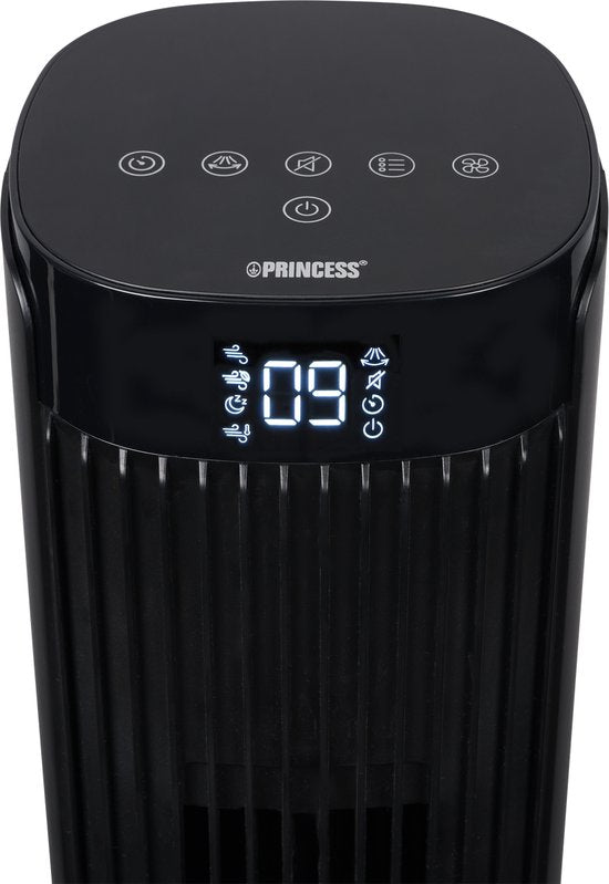 Princess DC Turmventilator 91 cm – besonders leise – 12 Geschwindigkeitsstufen – 4 Windmodi – 90°-Oszillation – Timer 1–24 Stunden – mit Fernbedienung – schwarz – 352370