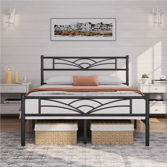 Yaheetech Metallbettgestell – Wolkenmuster – Lattenrost – 140 x 200 cm – 32 cm Stauraum – Schwarz