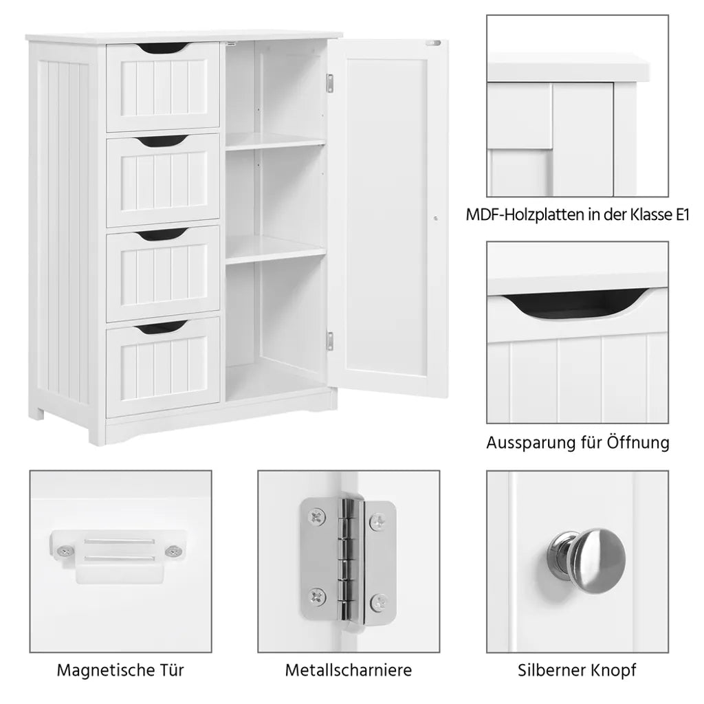 Yaheetech Badezimmerschrank mit 4 Schubladen und verstellbaren Einlegeböden – Weiß – 66 x 35 x 90 cm