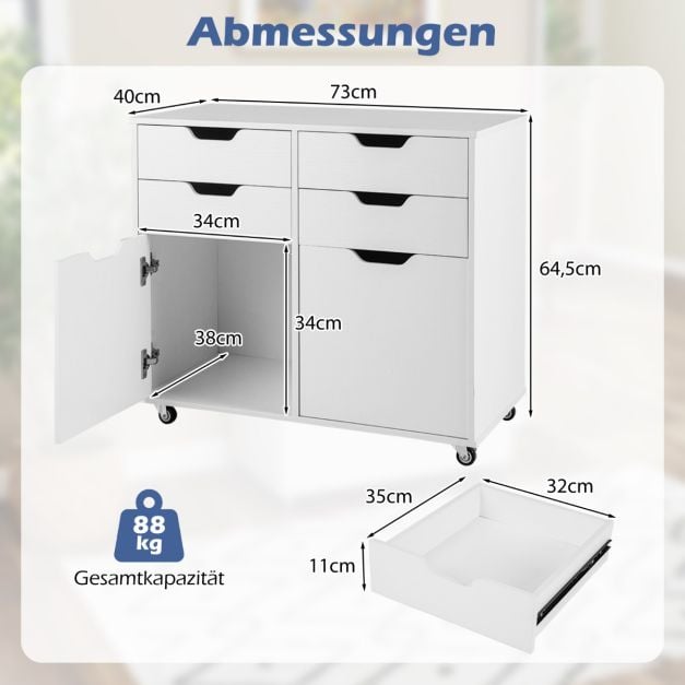 Coast Rollbarer Aktenschrank – 4 Schubladen und 2 Türen – 73 x 40 x 64,5 cm – Weiß