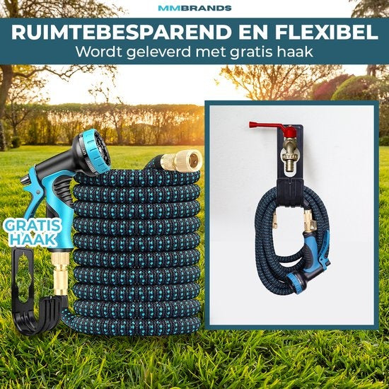 MM Brands Flexibler Gartenschlauch bis zu 15m - 10 Sprühmodi - Schwarz und Blau