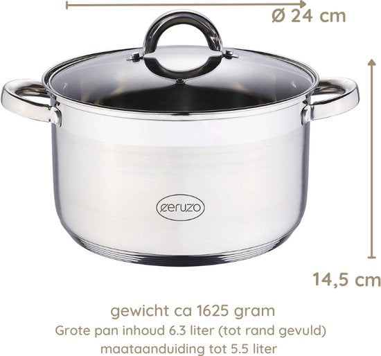 Ceruzo Kochtopf - Edelstahl - Durchmesser 24 cm - H 14,5 cm - 6,3 L - alle Wärmequellen