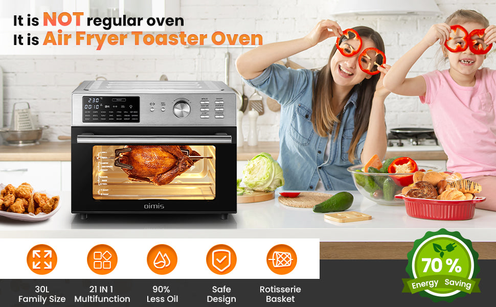 Oimis Airfryer-Backofen 30 Liter – 21 Programme mit Grillspieß und Trocknungsfunktion – 1800 W – 45,6 x 43 x 36,5 cm – Edelstahl silber