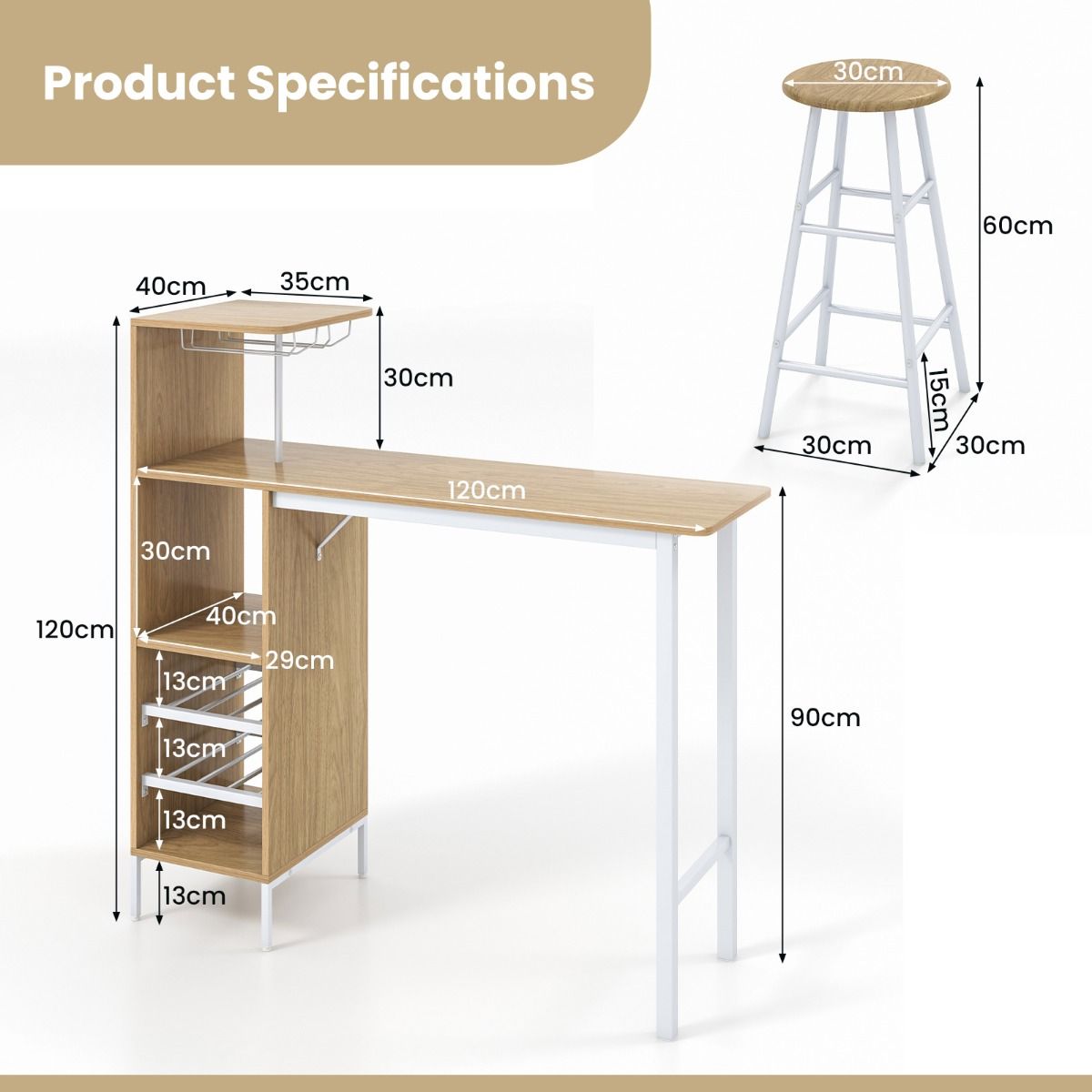 Coast Bartisch mit 2 Hockern – Weinregal für 6 Flaschen – Bistrotisch für Wohnzimmer und Küche – 120 x 40 x 121,5 cm – Naturfarben