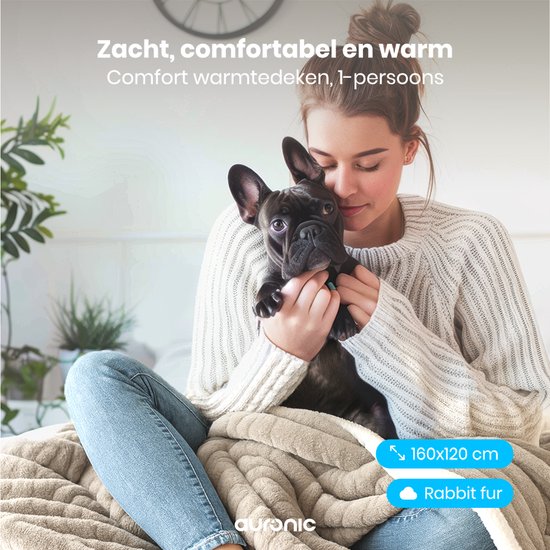 Auronic Electric Blanket - 160 x 120cm - Wärmedecke - 1 Person - 3 Wärmestufen - Plüsch - Wärmedecke - Taupe