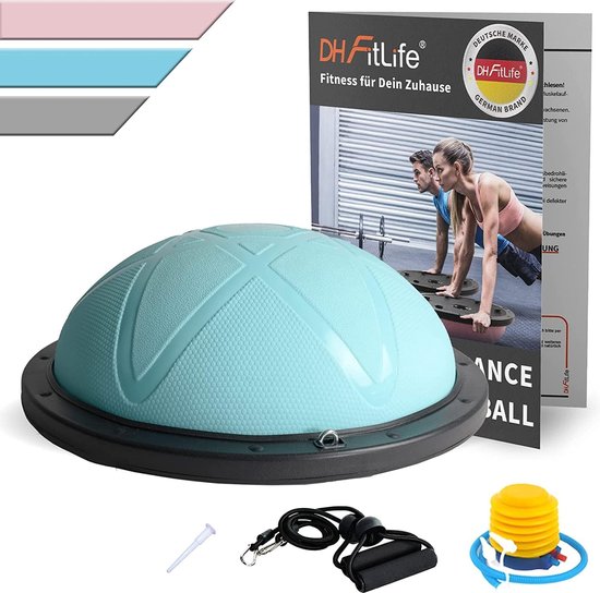 DH FitLife Balanceball, Yoga-Balancetrainer, Durchmesser 60 x 22 cm, belastbar bis 200 kg, halber Gymnastikball, Fitness-Balanceboard, Gleichgewichtsbrett mit Pumpe und 2 Fitnessbändern