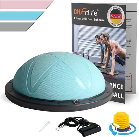 DH FitLife Balanceball, Yoga-Balancetrainer, Durchmesser 60 x 22 cm, belastbar bis 200 kg, halber Gymnastikball, Fitness-Balanceboard, Gleichgewichtsbrett mit Pumpe und 2 Fitnessbändern