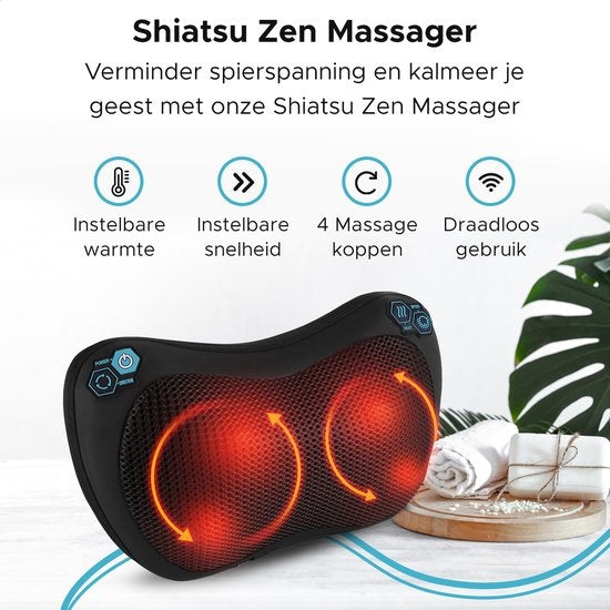 Qumax Massagekissen kabellos - Wiederaufladbar - Wärmefunktion - Elektrisches Shiatsu-Massagekissen - Schwarz