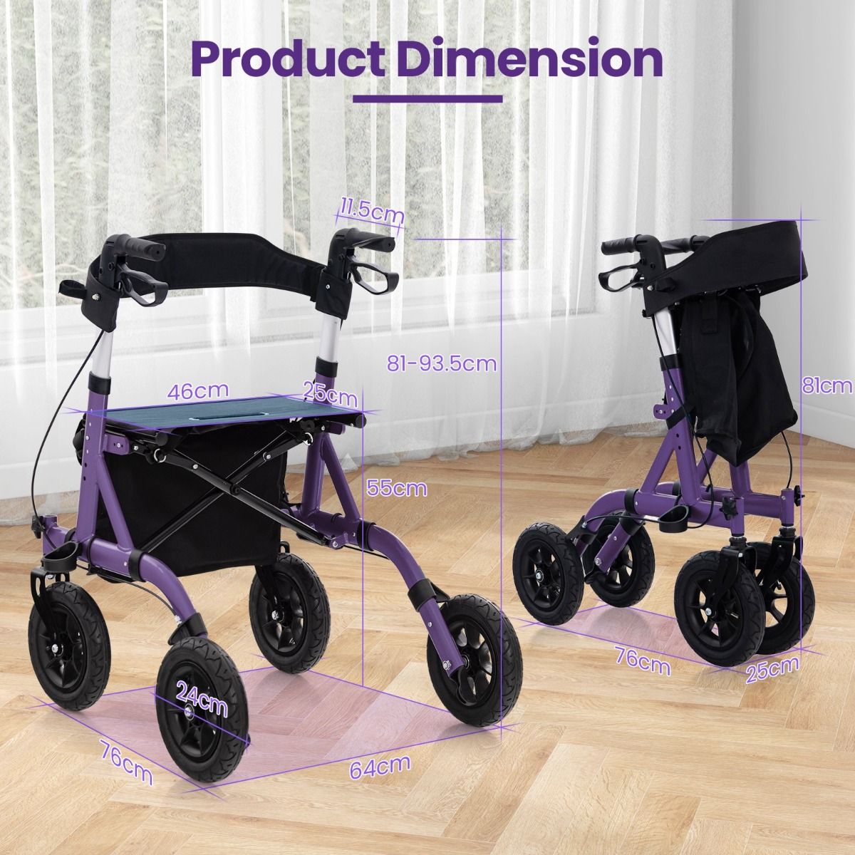 Coast Faltbarer Rollator mit Sitz – 2-in-1-Rollstuhl und Gehhilfe – 6-fach höhenverstellbar – lila