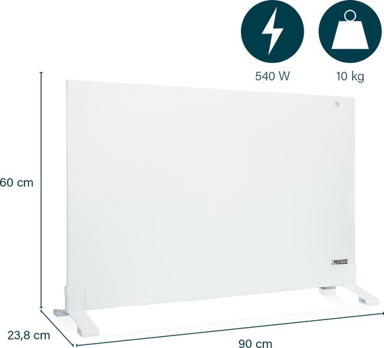 Infrarot-Heizpaneel – Princess Elektroheizung 540 W – 60 x 90 cm – Infrarot-Heizung – Infrarot-Heizpaneel 348254 – Smart – WLAN – mit App – Freistehend/Wandmontage – Energieeffizient – Bewegliches Infrarot-Heizpaneel – Weiß – Rahmenlos