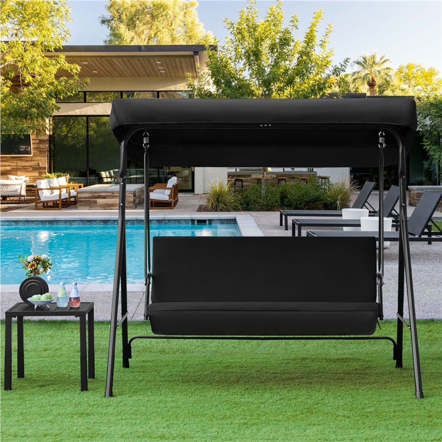 Yaheetech 3-Sitzer-Hollywood-Schaukelstuhl mit verstellbarem Sonnendach – 170 x 112,5 x 162,5 cm – Schwarz