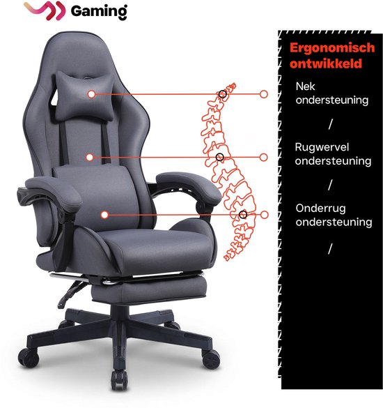 VDD – Gaming-Stuhl mit Fußstütze – gepolsterte Armlehnen – höhenverstellbar – Massagekissen – grau