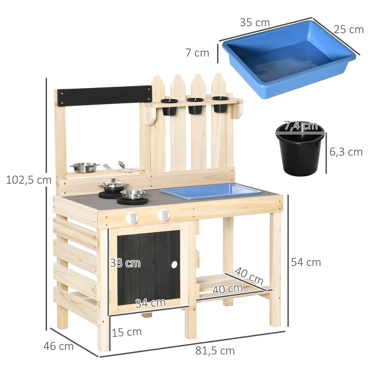 HOMCOM Kinderküche - Komplette Spielküchenzeile mit Zubehör - Grau/Schwarz - 82 x 30 x 85 cm