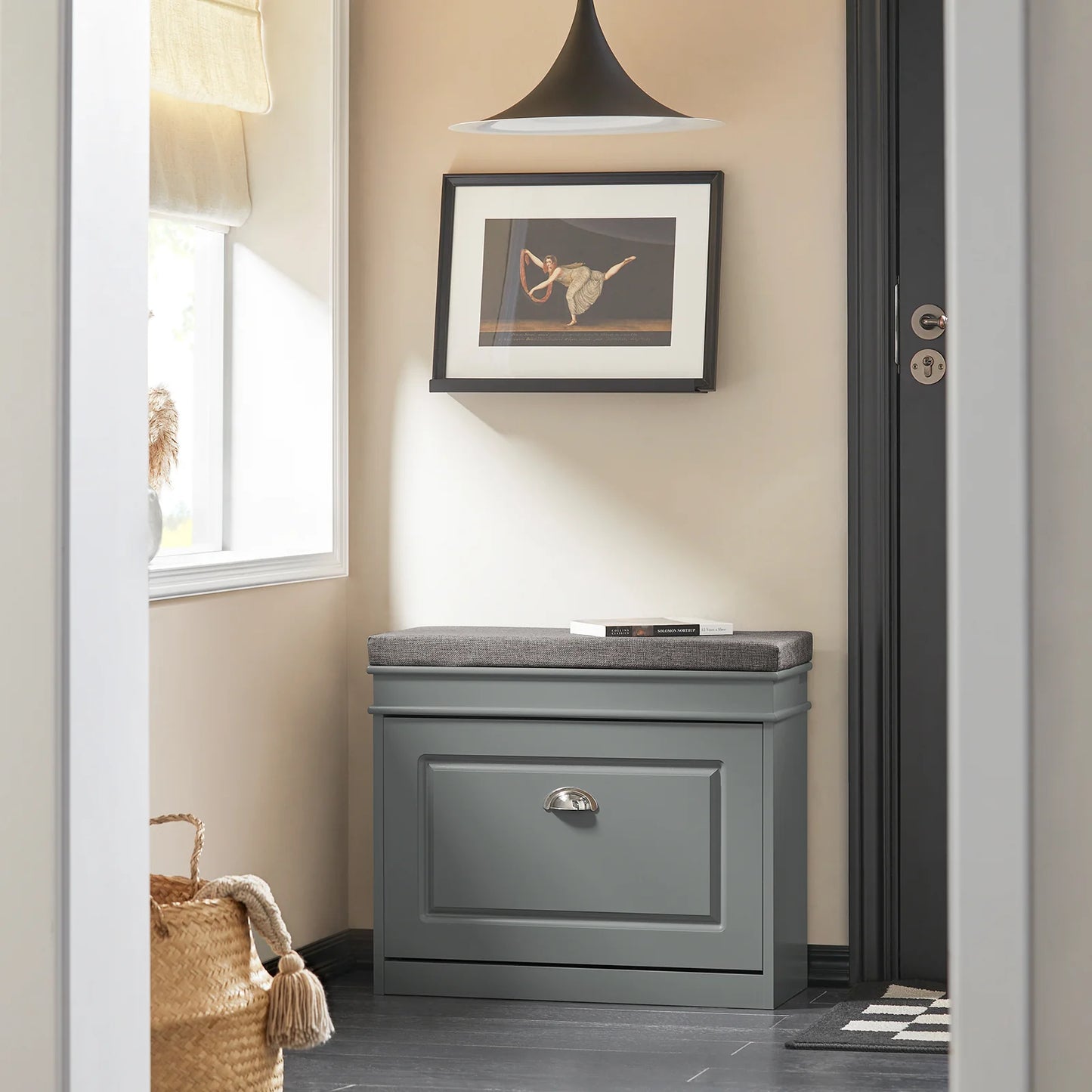 SoBuy FSR82-K-HG Graue Flurbank mit Klapptür und Sitzkissen – Schuhablage 60×24×51 cm