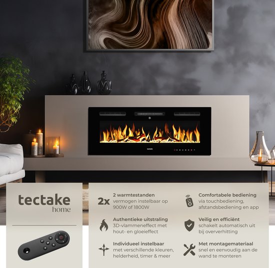 tectake® Wandkamin - Elektrokamin - Atmosphärischer Kamin - 106,5 x 12 x 43 cm - 900W & 1800W - Steuerung per Fernbedienung oder App - mit Thermostat - Ofen - mit Heizung - Kamine - Holz- und Glüheffekte - 3D-Flammen - Timer