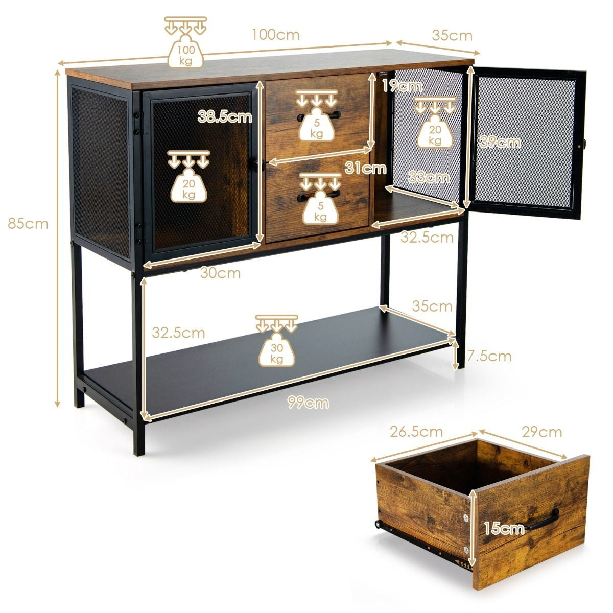 Coast Industrial multifunktionales Sideboard mit 2 Gitterschränken und 2 Schubladen 100 x 35 x 85 cm