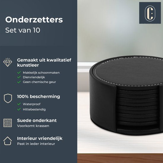 Castagnola Kunstleder-Untersetzer - Untersetzer für Gläser - Design-Untersetzer mit Halterung - Leder-Untersetzer-Set - Leder - 10er-Set - Schwarz mit Naht