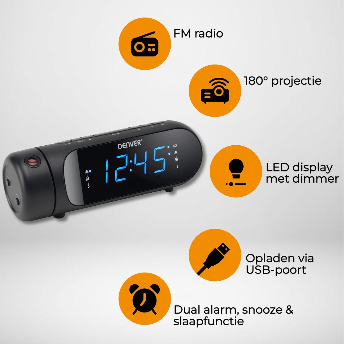 Denver - CPR700 - Radiowecker - mit Projektion - USB-Aufladung - Digitaler Wecker - FM-Radio - Schwarz