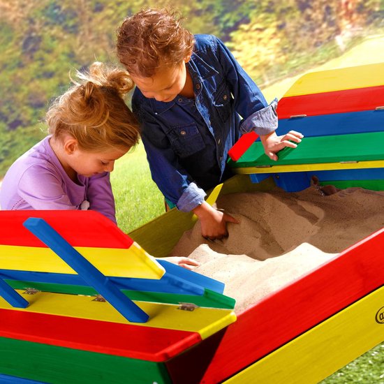 AXI Ella Holzsandkasten in Regenbogenfarben – Mit Sitzbänken und Deckel – FSC-Holz – 100 x 95 x 20 cm – Sandkasten für Kinder