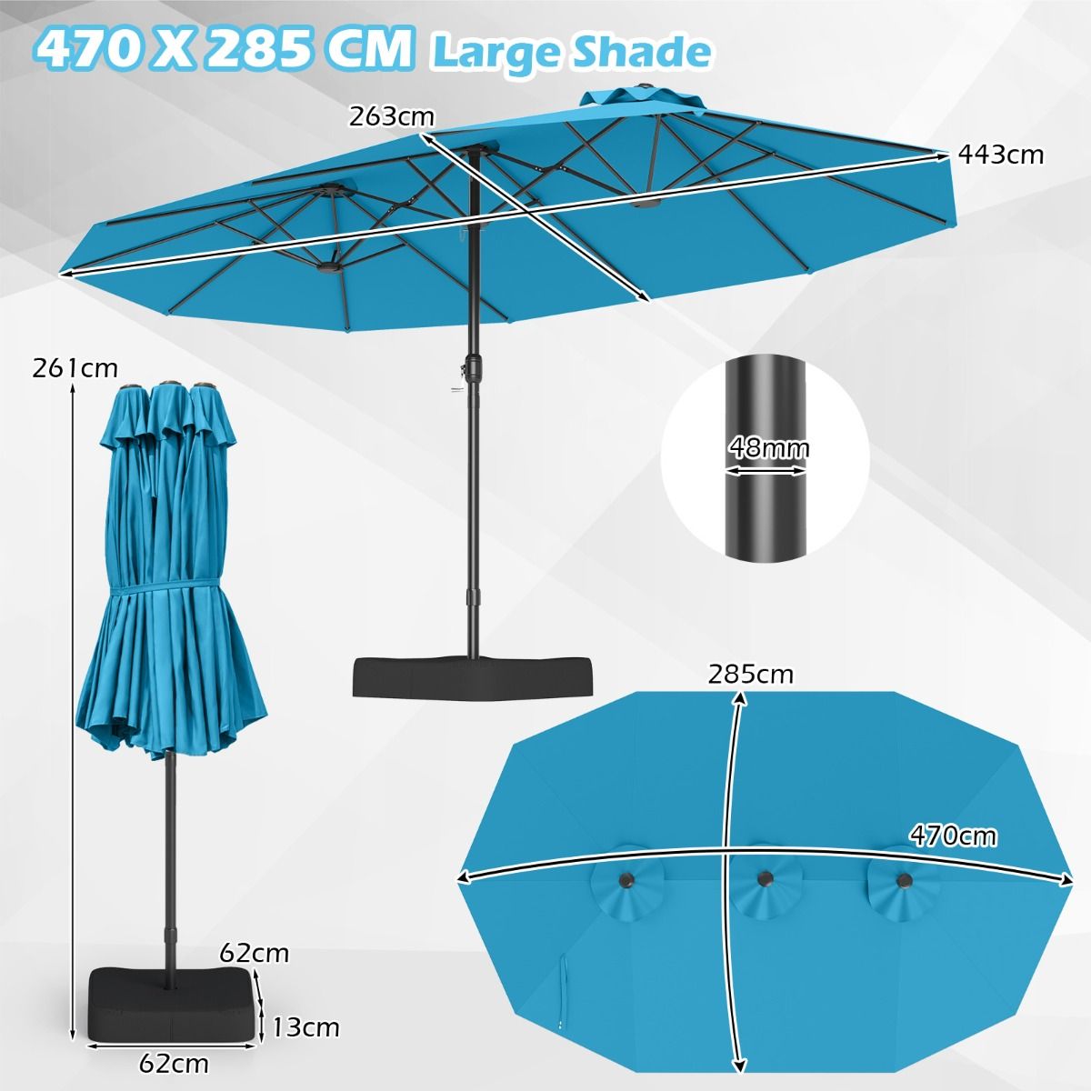 Coast Doppel-Terrassenschirm 470 x 285 x 261 cm – Türkis – Beschwerter Fuß mit Kurbel – 12 stabile Streben – Rechteckiger Garten- und Terrassenschirm