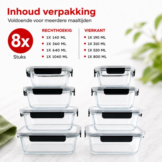 Organess Meal-Prep-Behälter – Frischhaltebehälter – Tiefkühlbehälter – 8-teiliges Set – BPA-frei – Glas – BPA-freier Deckel