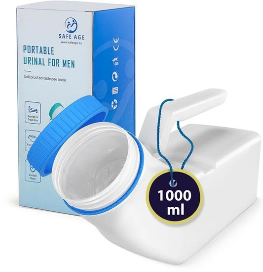 Safe Life Urinal für Männer – Mit fluoreszierendem Schraubverschluss, ergonomischem Griff und breiter Öffnung – Für zu Hause und unterwegs – Transparentes und weißes Kunststoff – Ein Liter