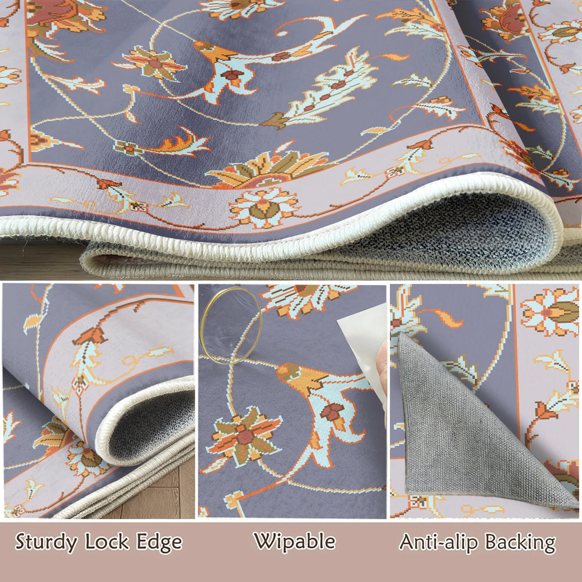 WhereHike Teppich mit Blumen- und Vogelmotiv – Lila – 183 x 274 cm – Waschbar, rutschfest