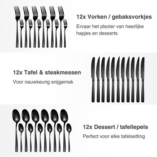 Deleca 12 Personen Besteck-Set Essential (72 Teile) - Löffel, Messer, Gabeln, Steakmesser & Kuchengabeln - Spülmaschinenfestes Besteck - Glänzend Schwarz / Edelstahl