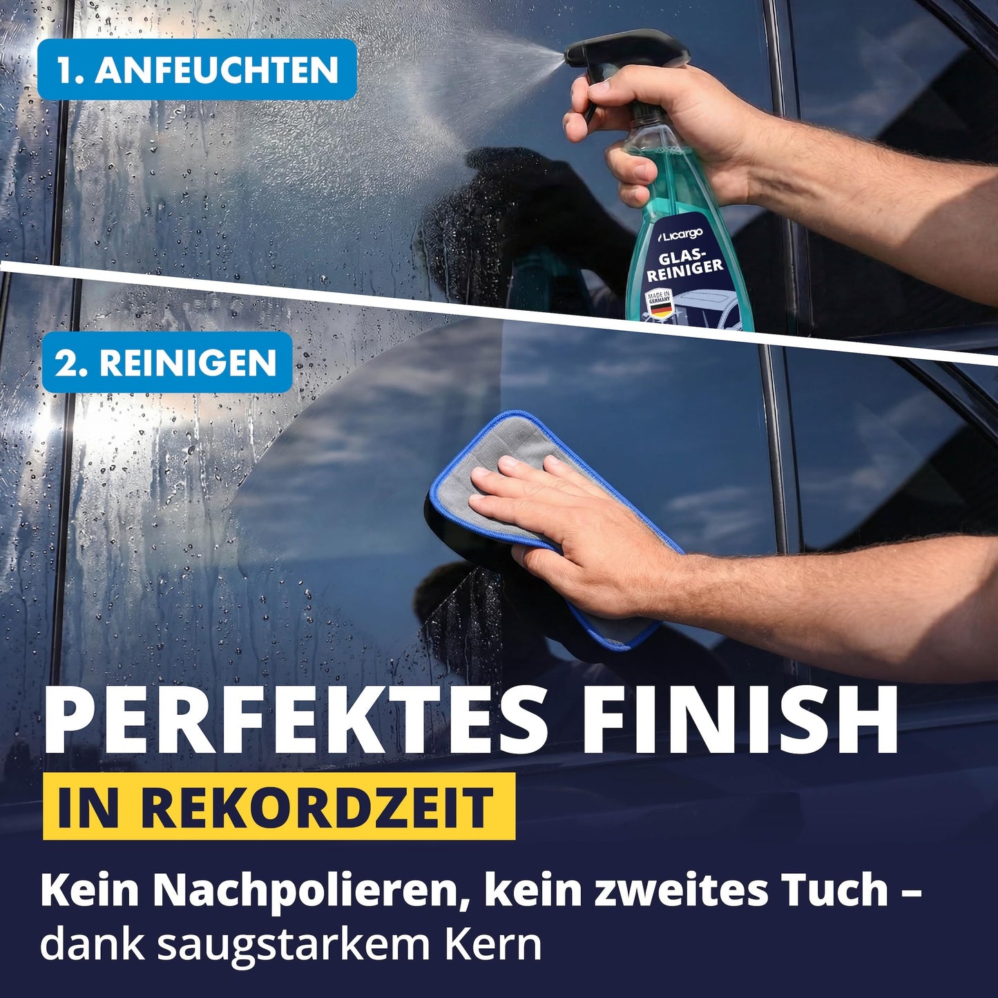 Licargo 2er-Pack Glasreinigungstücher – Mikrofaser-Glastuch 16 x 22 cm – streifenfrei für Autoscheiben und Spiegel