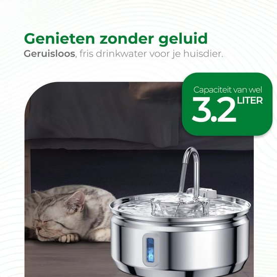 Selectedpets Trinkbrunnen Katze Edelstahl - Katzenbrunnen - Inklusive Filter - 3,2L Fassungsvermögen