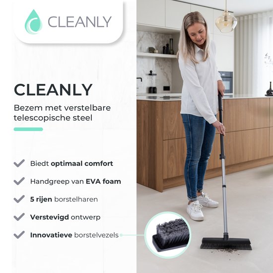 CLEANLY Besen Indoor und Outdoor mit Teleskopstiel 115-142 cm - Besen mit Stiel - Straßenbesen - Raumbesen - Raumkehrer - Weicher Besen - Innenbesen - Breite 35 cm - Schwarz, Grau