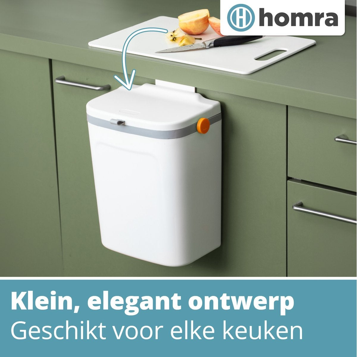 Homra GFT Abfalleimer 9L - Aufsatzabfalleimer mit Deckel - Hängender Abfalleimer mit losem Inneneimer - Komposteimer 9 Liter für Gemüse und Obst - Mini - Weiß - Einfach zum Aufhängen