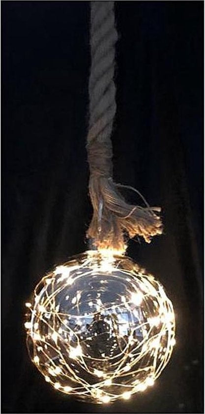 Glaskugel mit 30 LEDs - 15cm - Juteseil 100cm