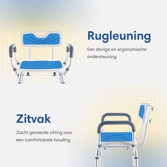 SafeLife Duschstuhl - Mit abnehmbarer Rückenlehne und Armlehne - Rutschfest - Höhenverstellbar - Duschhocker