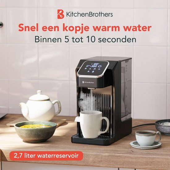 KitchenBrothers Heißwasserspender - Heißwasserhahn - 40-100°C - 100/150/200/250/300/350/400 ml - Instant Wasserkocher - 2.7L - Schwarz