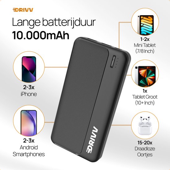 Drivv. Powerbank 10.000 mAh - 22,5W Schnellladegerät - Schnellladung USB 3.0 - USB C - Geeignet für Samsung / iPhone / mehr - Schwarz