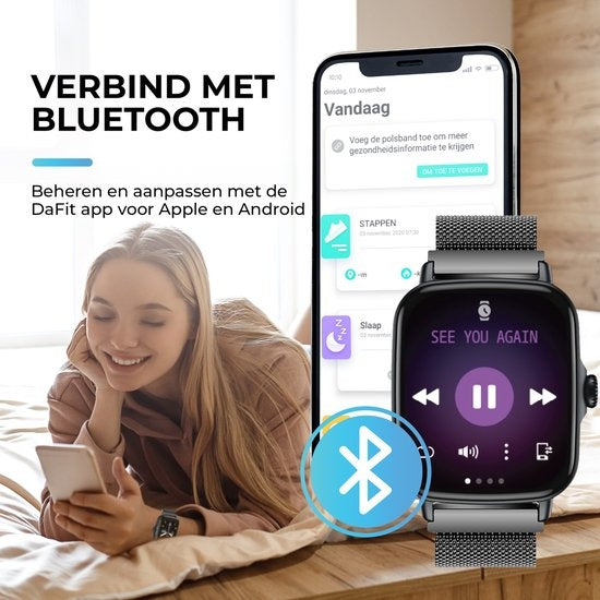 AyeWay Smartwatch - Stahlband - Wasserdicht & Touchscreen - 70 Sportmodi - Mit App - Smartwatch Männer & Frauen - Schwarz